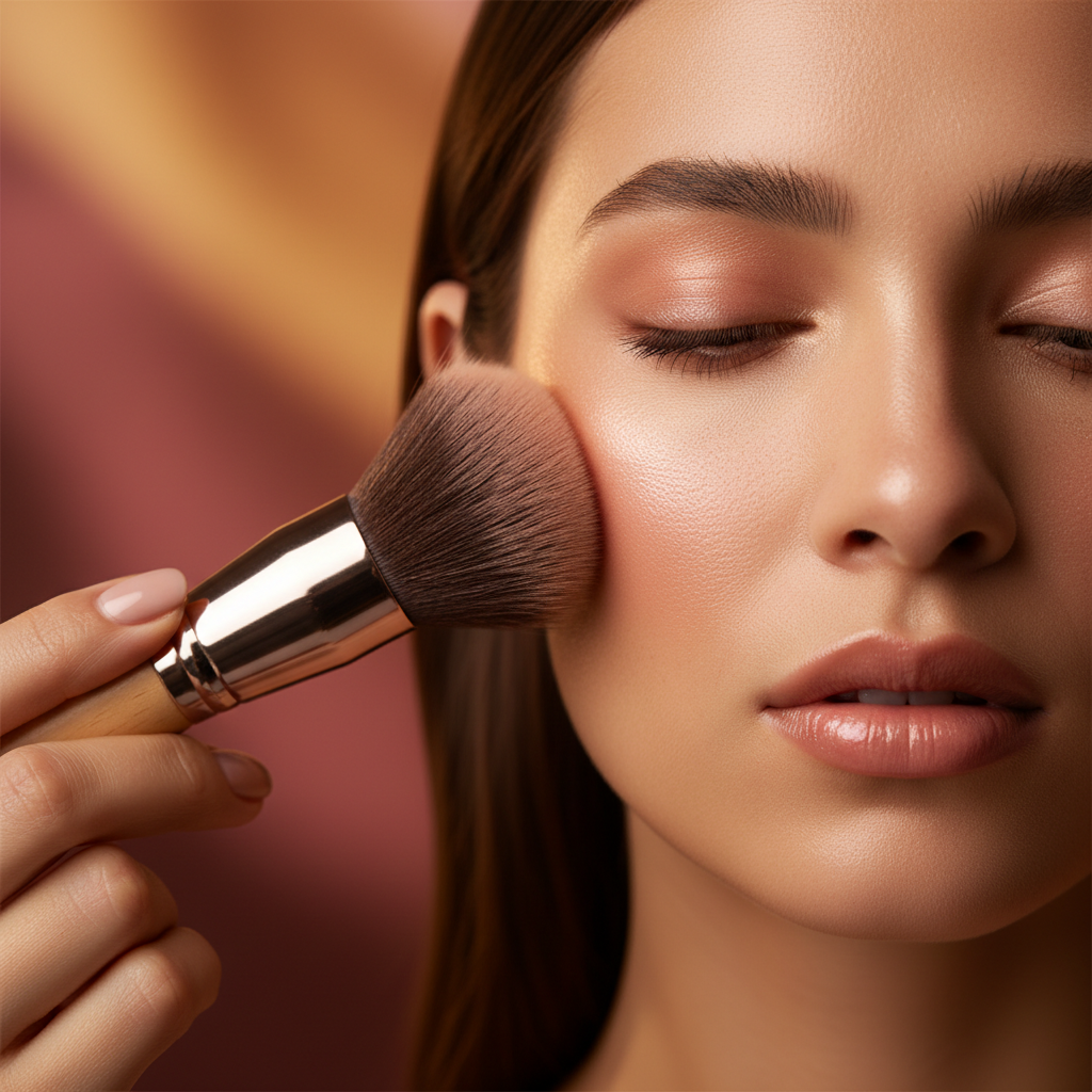 Makeup artist applying blush with fluffy brush on model cheekbone