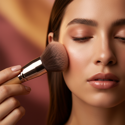 Makeup artist applying blush with fluffy brush on model cheekbone