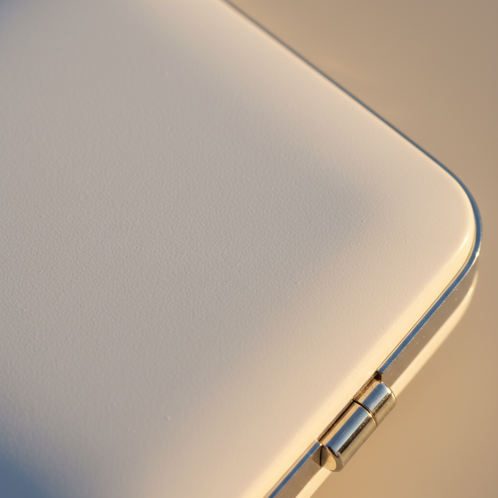 Macro close-up of compact mirror matte surface and chrome hinge