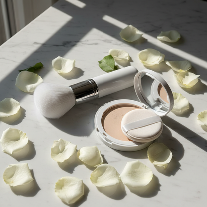 White cloud powder brush on white marble vanity with rose petals and morning light