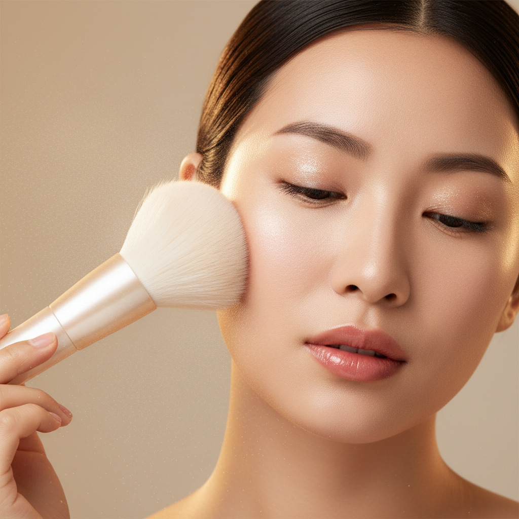 Woman with glowing skin applying powder with oversized white cloud brush to cheek