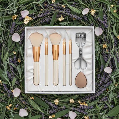 Bird eye view of white gift box on lavender botanical background