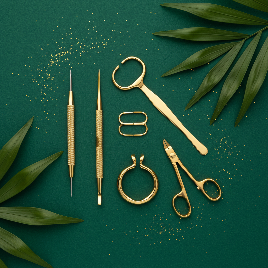 Gold tool set on emerald green background with gold glitter and tropical leaves