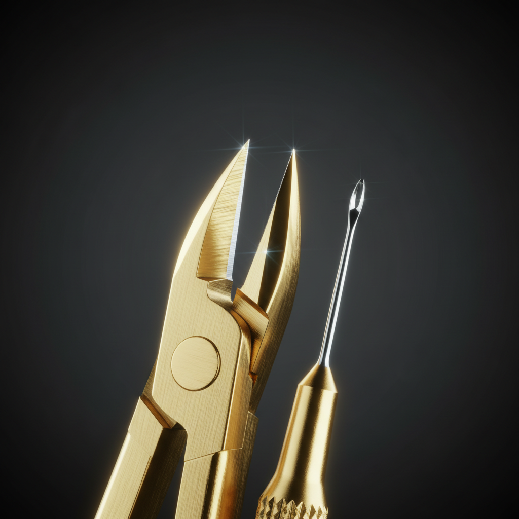 Macro close-up of gold cuticle nipper blades and extractor needle precision tips