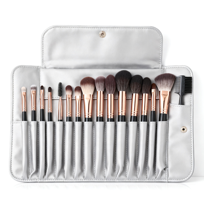 15-piece professional makeup brush set in silver PU leather roll case with rose gold ferrules
